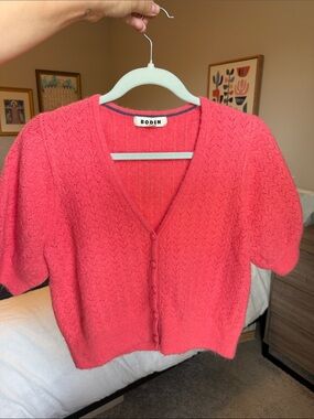 Boden Coral-Red V-Neck Short Sleeve Button Cardigan